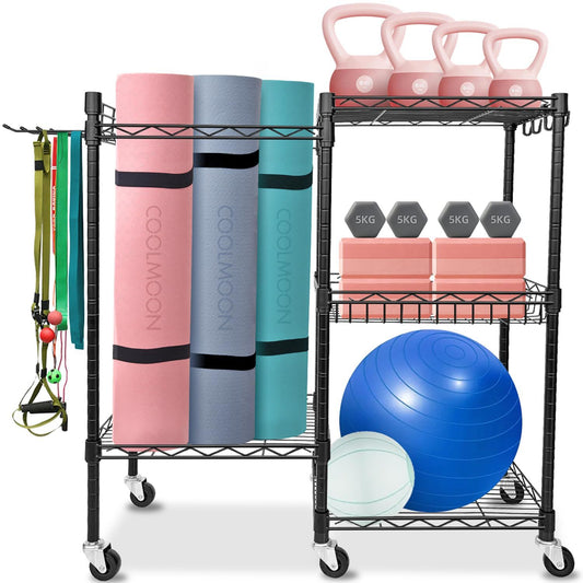 Home Gym Storage Rack, Yoga Mat Storage Rack, Gym Equipment Storage for Yoga Mats, Foam Roller, Dumbbells, Kettlebells and Resistance Bands, Workout Equipment Organizer with Wheels